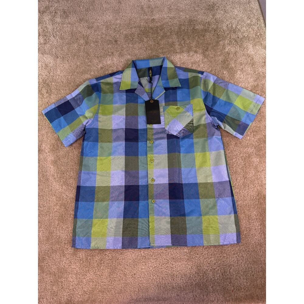 True Rock Men's Short Sleeve Plaid Button Down Shirt Blue Green Size Large E012